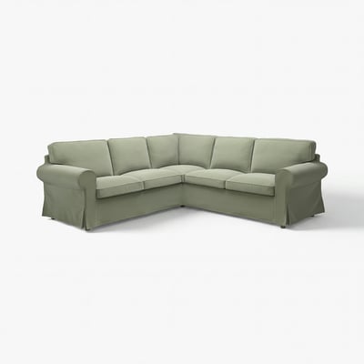 EKTORP corner sofa, sage green, plush fabric, l-shaped, thick cushions.