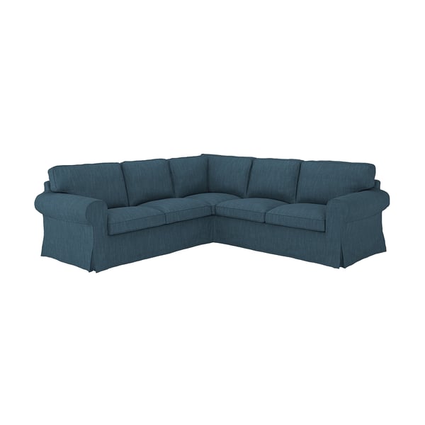 Blue corner sectional sofa with thick cushions, modern design, upholstered in cotton blend.