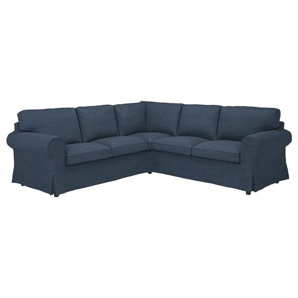 Dark blue corner sofa, cloth, thick cushions, u-shape, modern.