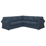 Dark blue corner sofa, cloth, thick cushions, u-shape, modern.