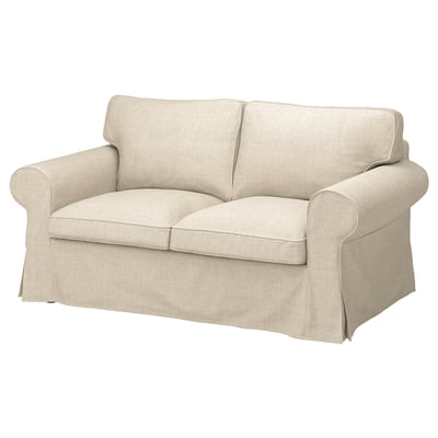 An EKTORP loveseat with a beige kilanda fabric cover, featuring a soft, melange texture, classic rolled arm shape, and comfortable cushions.