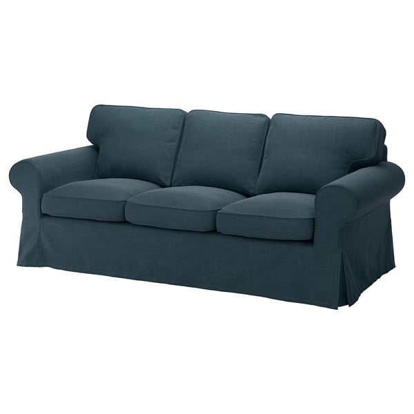 EKTORP teal sofa: plush, rolled arms, three cushions.