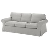 An EKTORP sofa with a gray, machine-washable chenille cover, featuring a rolled arm design for a classic look.