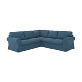 Blue l-shaped EKTORP sectional sofa, soft chenille fabric, rolled arms, comfy cushions.
