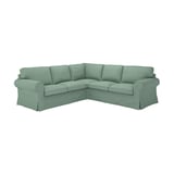 Green EKTORP sectional sofa, l-shaped, comfy cushions, removable cover.