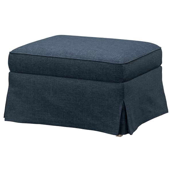 EKTORP blue footstool, rectangular with cushioned top, covered in recycled polyester.