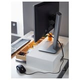 White ELLOVEN monitor stand with storage, adjustable for ergonomics, and organizes mouse cables with bamboo accents.