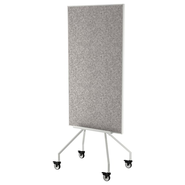 Gray mobile double-sided whiteboard with white frame and four black casters for easy movement.
