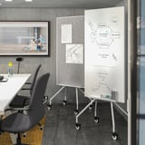 Modern office with double-sided mobile whiteboards. One side for writing, the other for pinning notes. A monitor displays a business presentation.