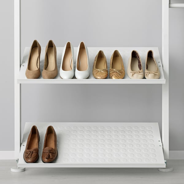 White shoe rack organizes up to 7 pairs, with adjustable shelves.