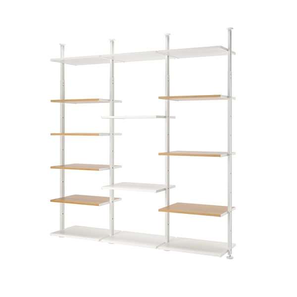 ELVARLI shelf: dual white aluminum frames, bamboo shelves, adjustable, modern, minimalist.