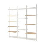 ELVARLI shelf: dual white aluminum frames, bamboo shelves, adjustable, modern, minimalist.