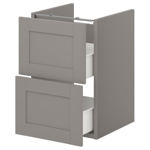 A light grey ENHET two-drawer bathroom cabinet. Modern design, rectangular, with flush doors and sleek handles.