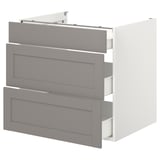 An ENHET cabinet with three grey drawers, a modern kitchen storage solution with a minimalist design and steel drawers.