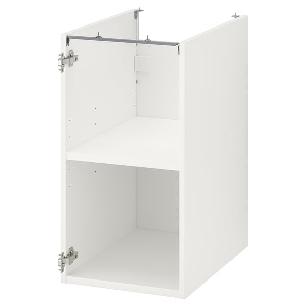 A white ENHET kitchen cabinet with one shelf, equipped with metal brackets and designed for storing kitchen items.