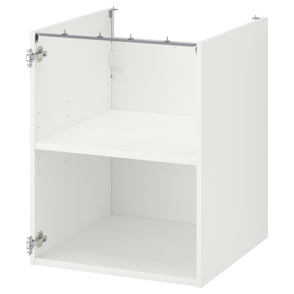 ENHET white kitchen cabinet, square, metal hinges, single shelf, modern minimalist design for pots or appliances.