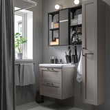 Modern grey bathroom vanity unit with mirror cabinet, sink, and storage solutions.