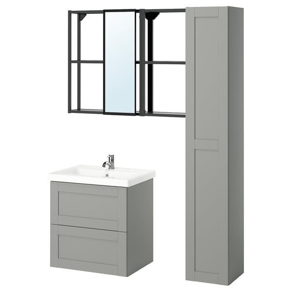 Modern grey bathroom setup featuring ENHET with drawer unit, tall cabinet, and framed mirror. Clean, organized design ideal for small spaces.
