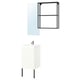 A modern bathroom setup: white cabinet with black legs, black-framed mirror, sleek sink with chrome tap.