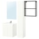 Modern bathroom set: white cabinet, chrome tap, rectangular mirror, black metal towel rack.