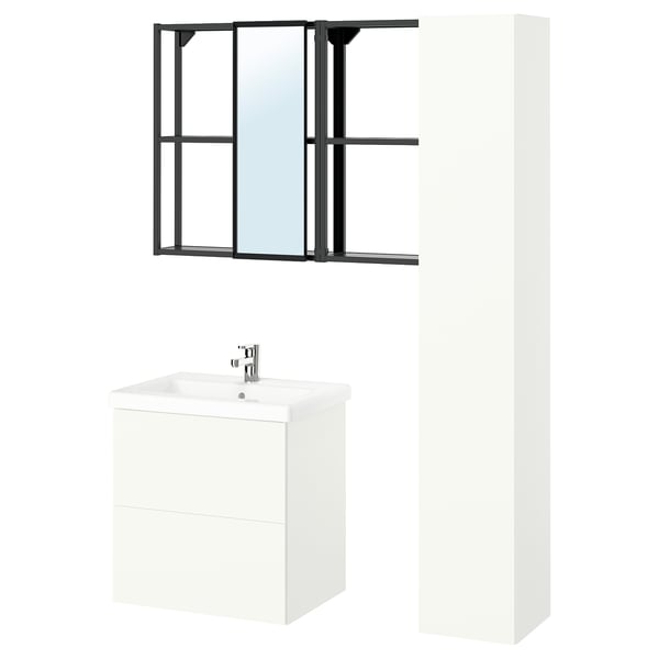 Modern bathroom vanity set with white cabinet, basin, mirror, and tall storage unit. Clean, minimalist design with metal accents.