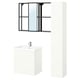 Modern bathroom vanity set with white cabinet, basin, mirror, and tall storage unit. Clean, minimalist design with metal accents.
