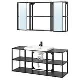 Modern black metal bathroom set with open shelves and sliding mirror panels.