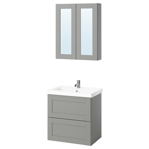 Modern bathroom setup with grey ENHET vanity and mirror cabinet, featuring sleek design and minimalist storage.