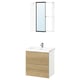 Option: An ENHET bathroom setup with a light wood cabinet, white sink, and a wall-mounted mirror with shelves.