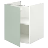White cabinet with pale grey-green door, open showing shelf; modern, minimalist design.