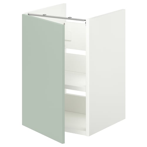 ENHET bathroom cabinet. White-green front, square shape, minimal design. Three shelves inside.