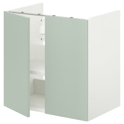 ENHET light green cabinet, rectangular, with open doors, storing towels, made of particleboard.