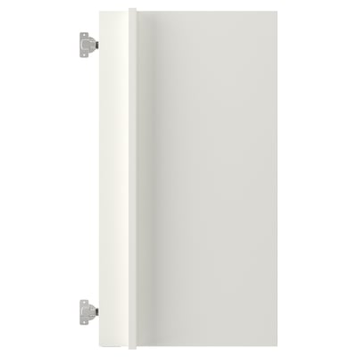 ENHET cabinet door in white, made from particleboard and plastic edging, with visible hinges, rectangular shape.