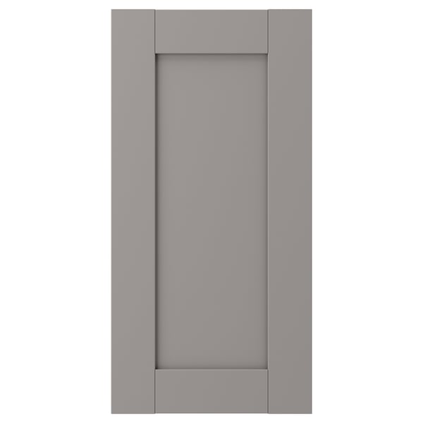 A grey ENHET cabinet door, featuring a smooth, modern design with a rectangular shape and a suitable material of fibreboard and plastic foil.
