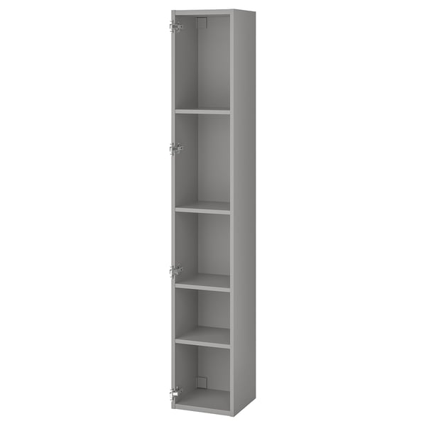 A gray ENHET tall storage cabinet. Its slim, rectangular, with four open shelves, ideal for small spaces.