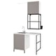Modern laundry setup with grey cabinets, sink, and metal frame. Clean, organized design for small spaces.