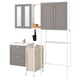 Gray ENHET bathroom set: vanity, laminate cabinets, metal shelves, beige hanging bag, mirror, black toothbrush holder.