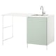 A white ENHET utility station with a green cabinet, sink, and stainless steel tap. It includes a countertop and storage.
