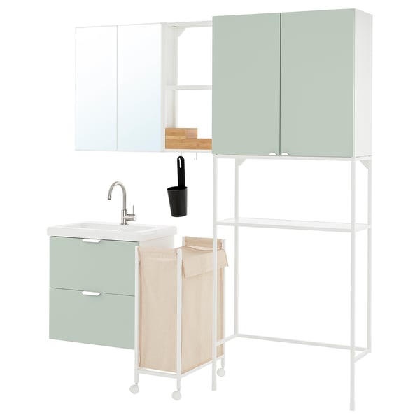Mint green bathroom/laundry combo with shelves, drawers, and mirror cabinet. Includes laundry bag and hooks.