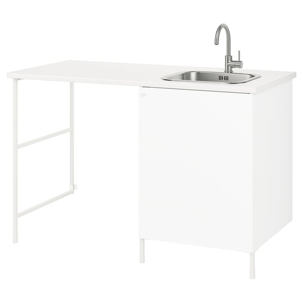 White ENHET sink unit with countertop, faucet, cabinet, and side panel. Modern, practical for small spaces.