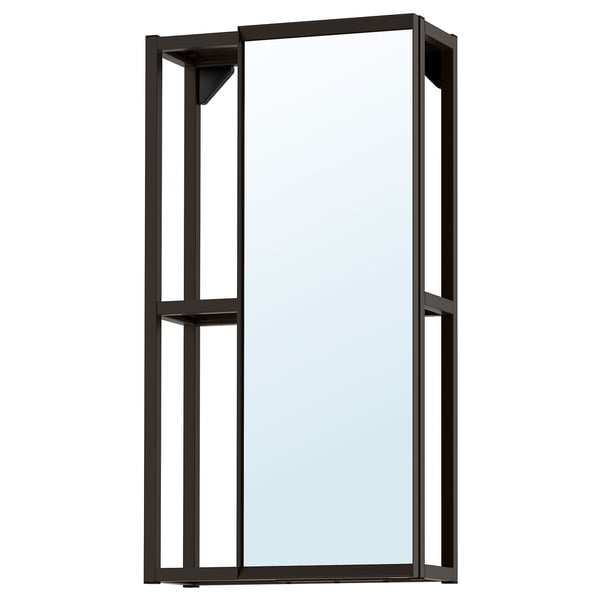 ENHET mirror: black, rectangular, wall-mounted with metal frame, glass panel, simple modern design.