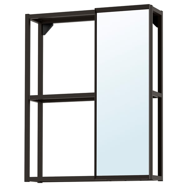 Black ENHET wall-mounted mirror and shelf combo. Modern design, glass, metal. Slide-out mirror, open shelving.