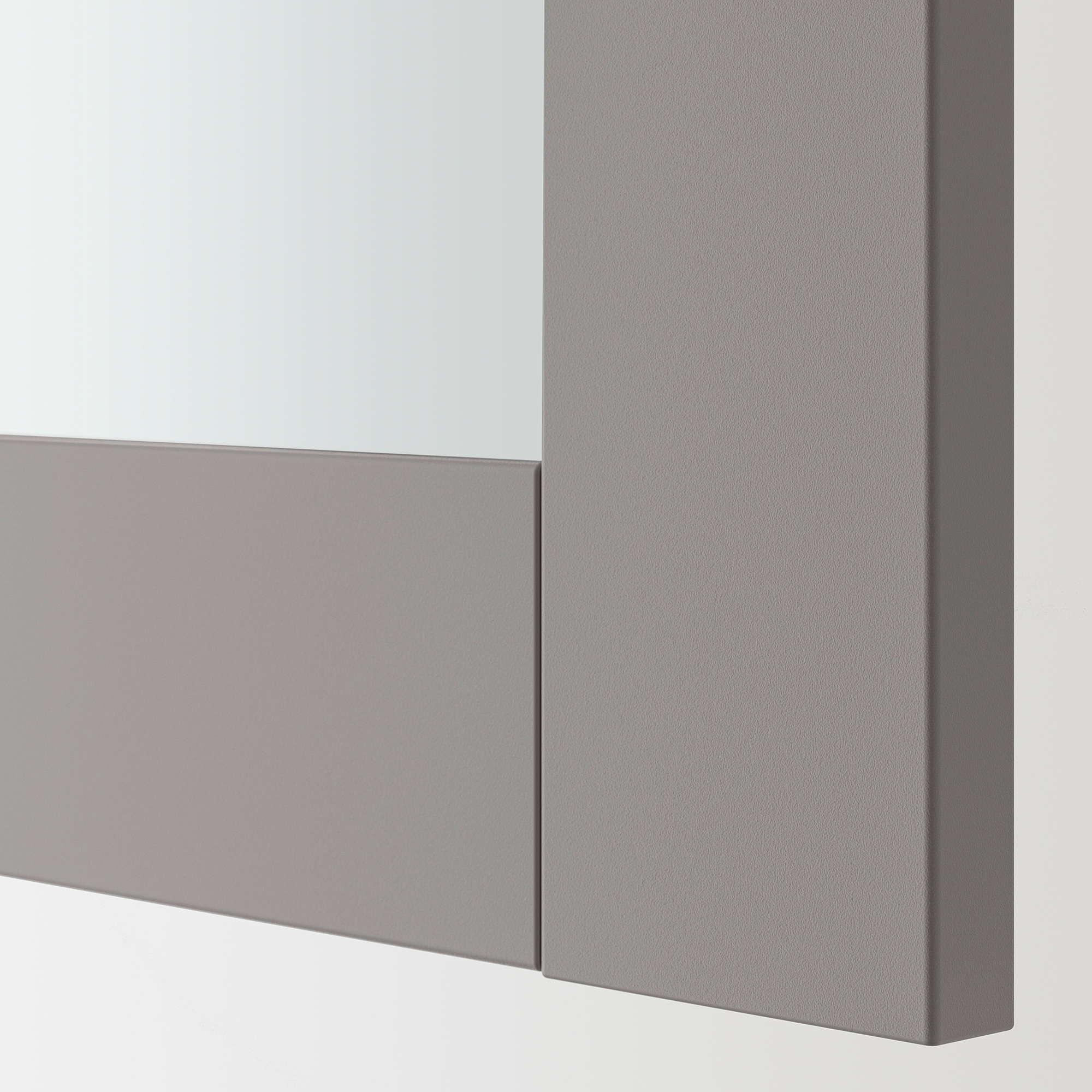 Gray-framed mirror; sleek, modern design; fits ENHET series; enhances bathroom decor.
