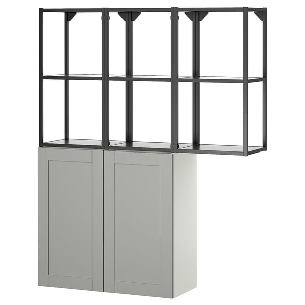 Grey ENHET cabinets with black shelves, combining closed & open storage. Modern, functional, stylish.