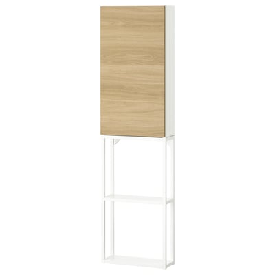 An ENHET storage unit in light oak color, combining open and closed storage with a white metal frame, designed for kitchen, bath, or laundry use.