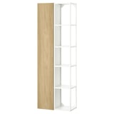 An ikea ENHET wooden cabinet with 4 white shelves. It combines wood and metal for a modern, functional kitchen or bathroom storage solution.