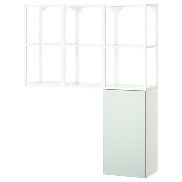 An ENHET storage unit in white and pale grey-green, with a mix of open and closed shelves for versatile storage.
