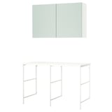 An ENHET storage unit. It light gray-green cabinets and a white countertop with a metal frame.