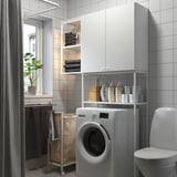 Modern laundry room with ENHET cabinets, washing machine, toilet, and storage.