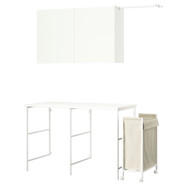 A white ENHET laundry setup, including foldable tables, hanging racks, and a rolling laundry bag.